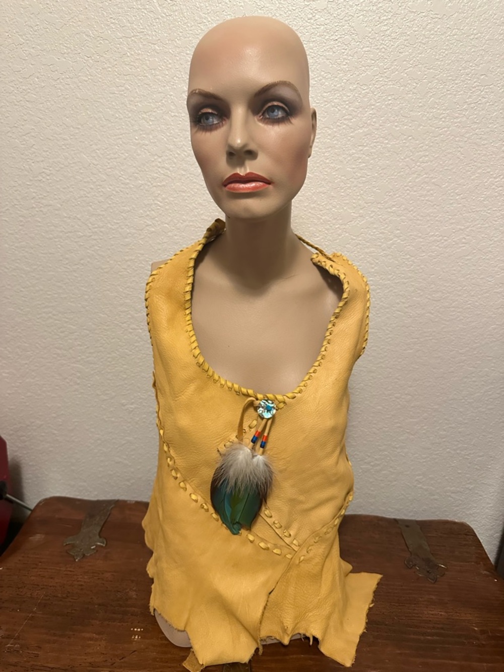 Hand Crafted Mustard Yellow Soft Elk Skin Halter Top with macaw feather accents - Picture 2 of 5